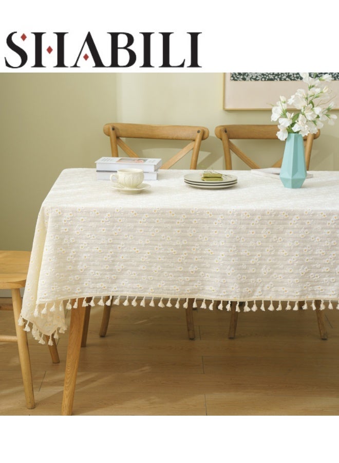 SHABILI 140*180cm Rectangular Tablecloth, Fresh Daisy Table Mat, Washable Dustproof Table Linen, Classic Table Cover Suitable for Wedding Party Home, Kitchen Restaurant Tabletop Decoration（Off White) - Image 1