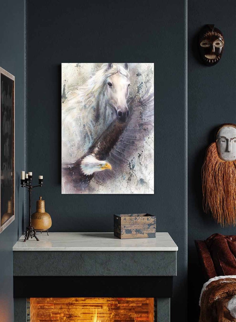 لوحة كانفاس على إطار خشبي، تصميم حصان ابيض مع  نسر ، للمنزل، غرفة المعيشة، المكتب، الديكور - Image 1