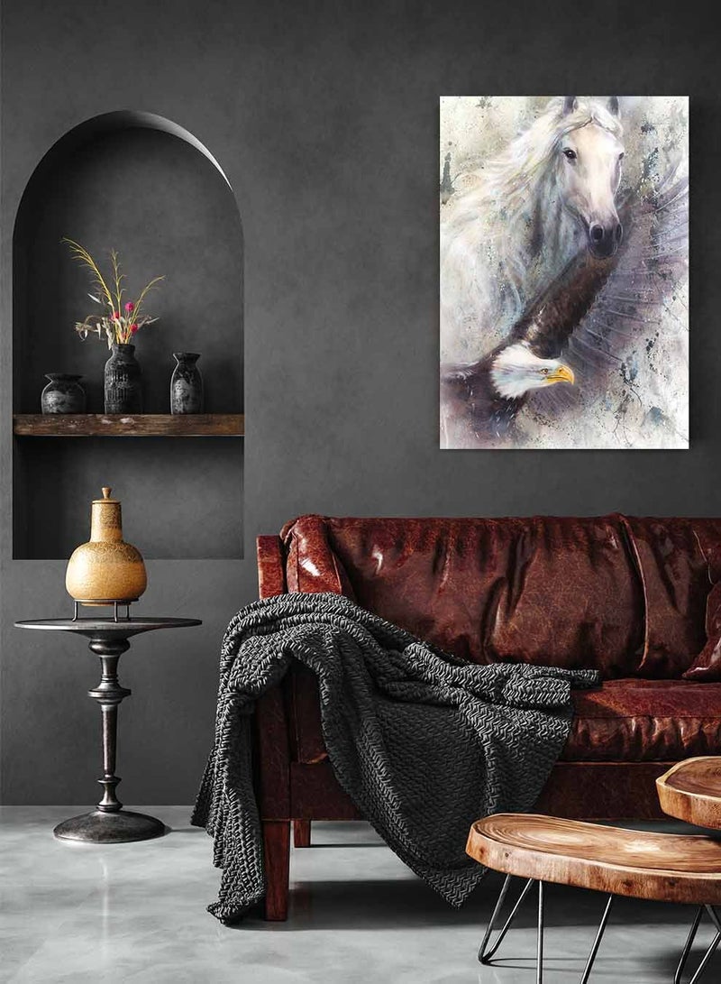 لوحة كانفاس على إطار خشبي، تصميم حصان ابيض مع  نسر ، للمنزل، غرفة المعيشة، المكتب، الديكور - Image 2