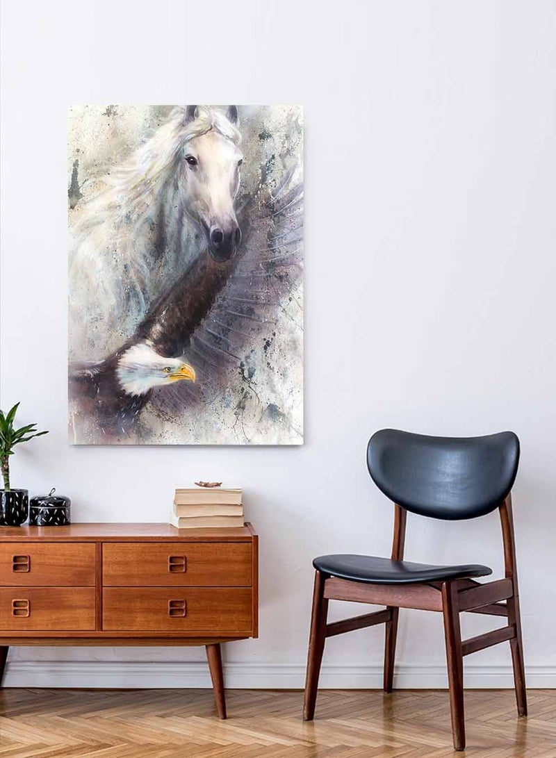 لوحة كانفاس على إطار خشبي، تصميم حصان ابيض مع  نسر ، للمنزل، غرفة المعيشة، المكتب، الديكور - Image 4