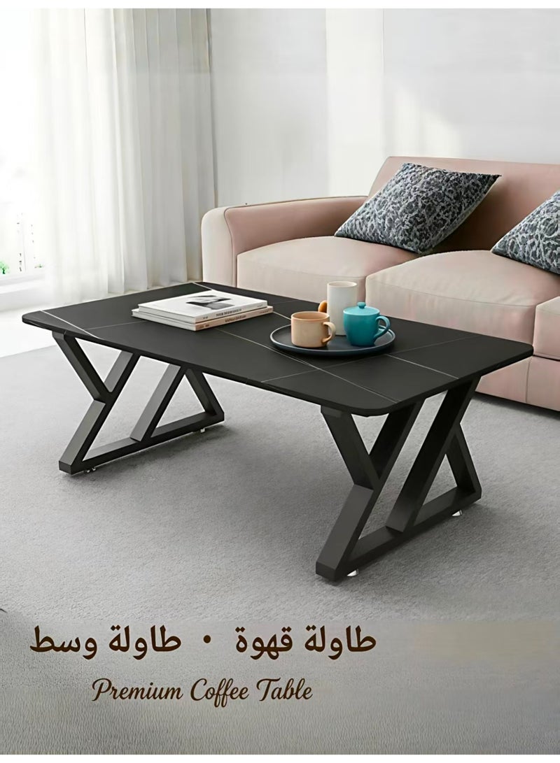 ChenDa Black Stone‑Effect Rectangular Coffee Table, Black X‑Shaped Metal Frame, Centre Table for Living Room, Size 120×60×46cm - Image 1