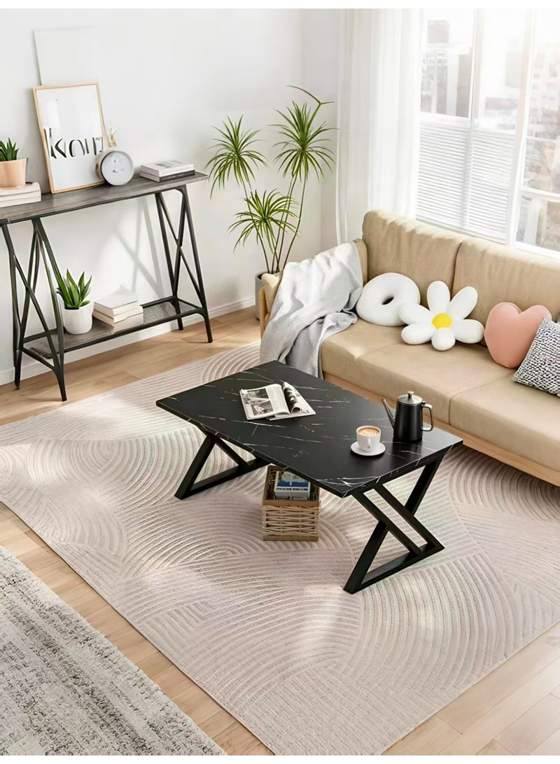 ChenDa Black Stone‑Effect Rectangular Coffee Table, Black X‑Shaped Metal Frame, Centre Table for Living Room, Size 120×60×46cm - Image 4