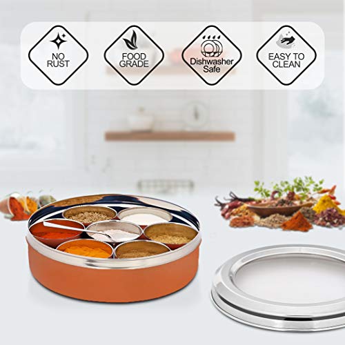 AXIOM Spice Box Stainless Steel with 7 containers for masala, transparent lid and unbreakable steel spoon. Copper 1800 ml - Image 3
