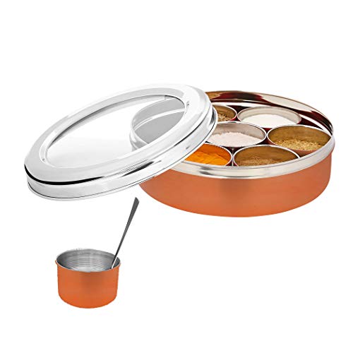AXIOM Spice Box Stainless Steel with 7 containers for masala, transparent lid and unbreakable steel spoon. Copper 1800 ml - Image 1