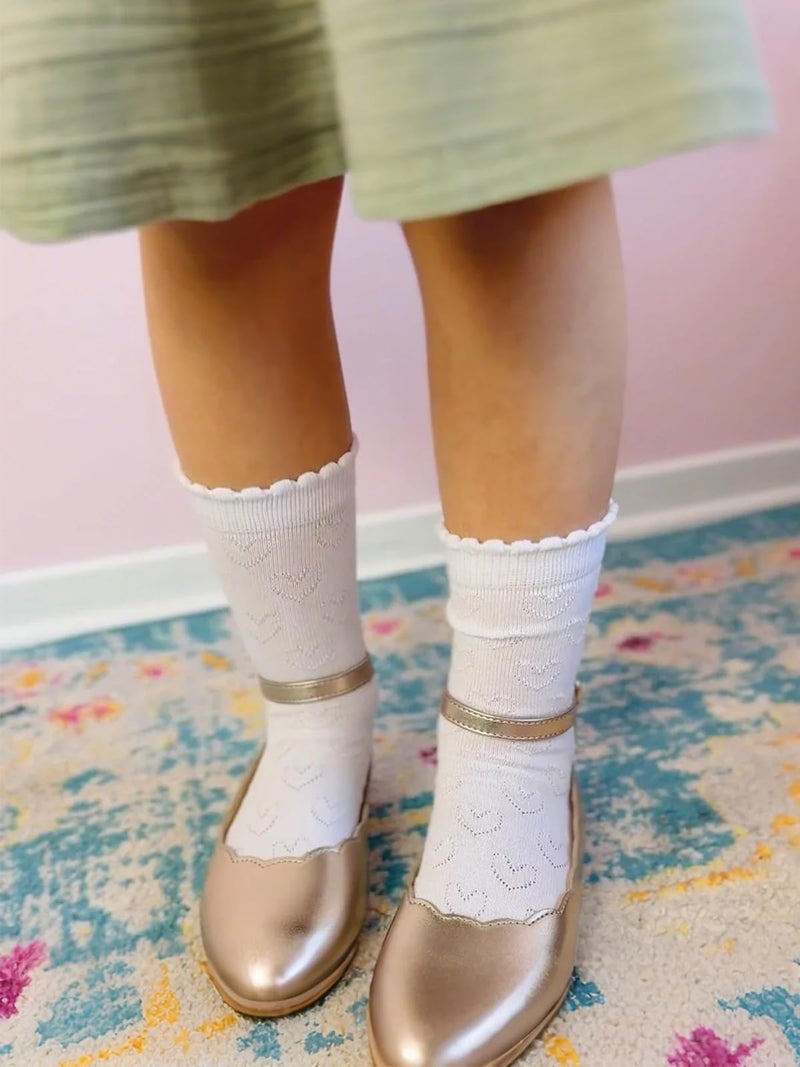 COTTON DAY Girls White Dressy Textured Short Socks Scallop Top Hearts Design 4-6 Years Size S (6) - Image 5