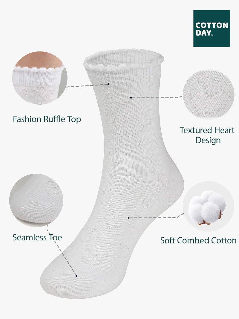 COTTON DAY Girls White Dressy Textured Short Socks Scallop Top Hearts Design 4-6 Years Size S (6) - Image 2