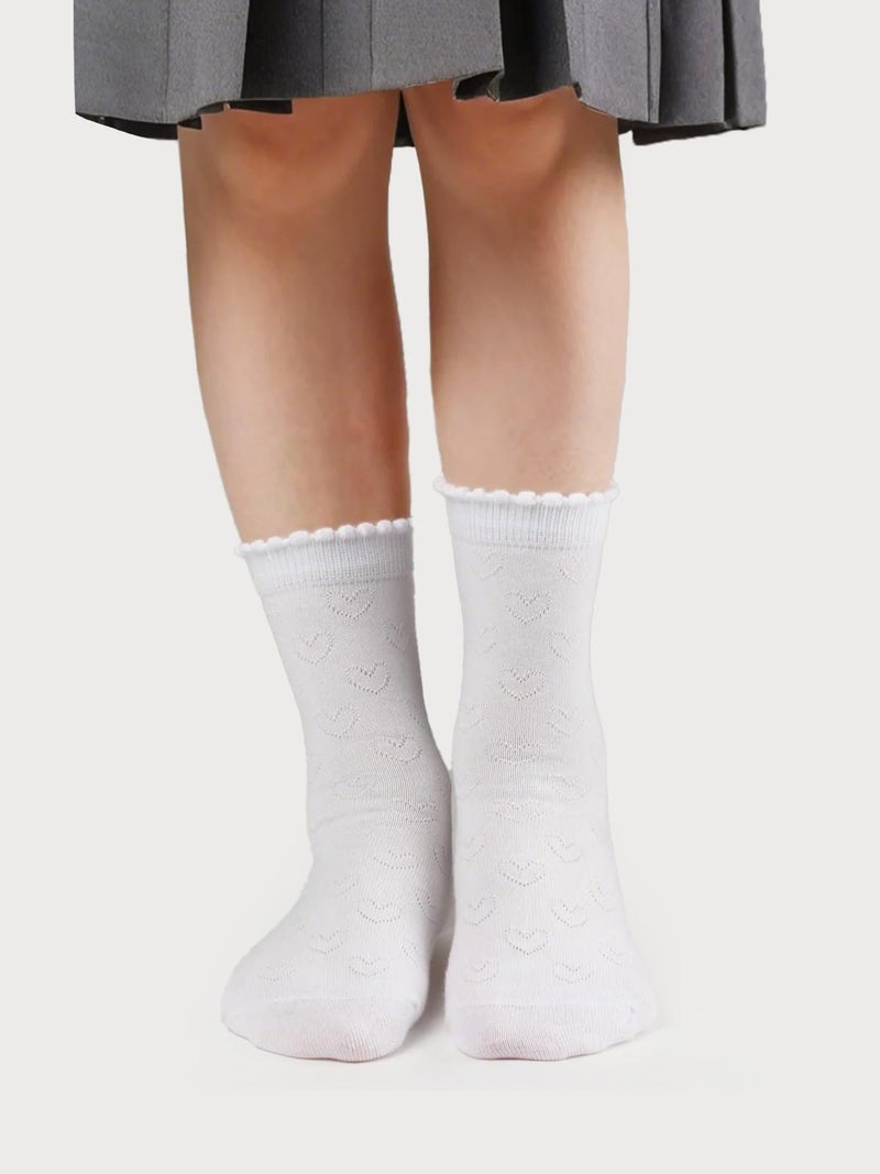 COTTON DAY Girls White Dressy Textured Short Socks Scallop Top Hearts Design 4-6 Years Size S (6) - Image 4