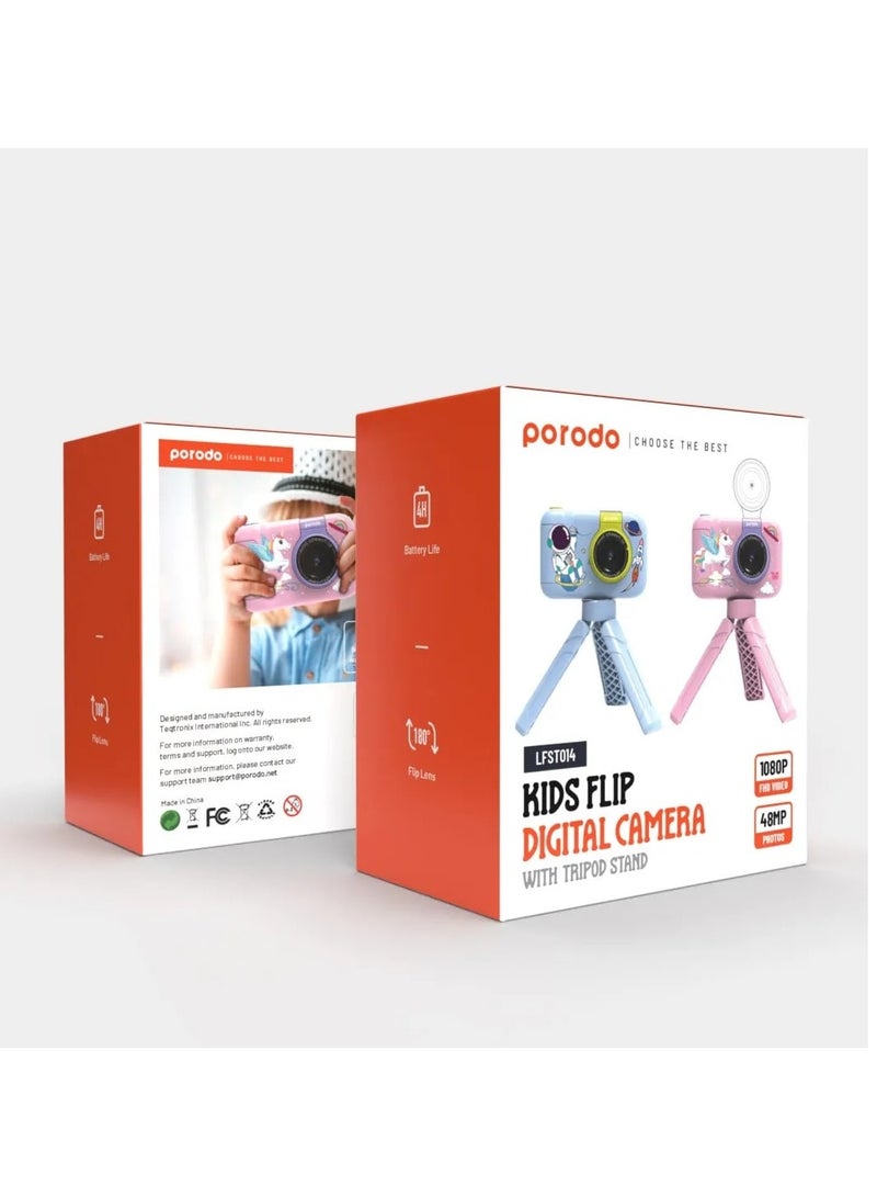 porodo Flip Digital Camera for Kids with Tripod Stand and 2.4" Wide Screen / 4H Battery Life / 12MP Image Resolution Extrapolated 48MP / 180° Flip Lens - Pink - Image 5