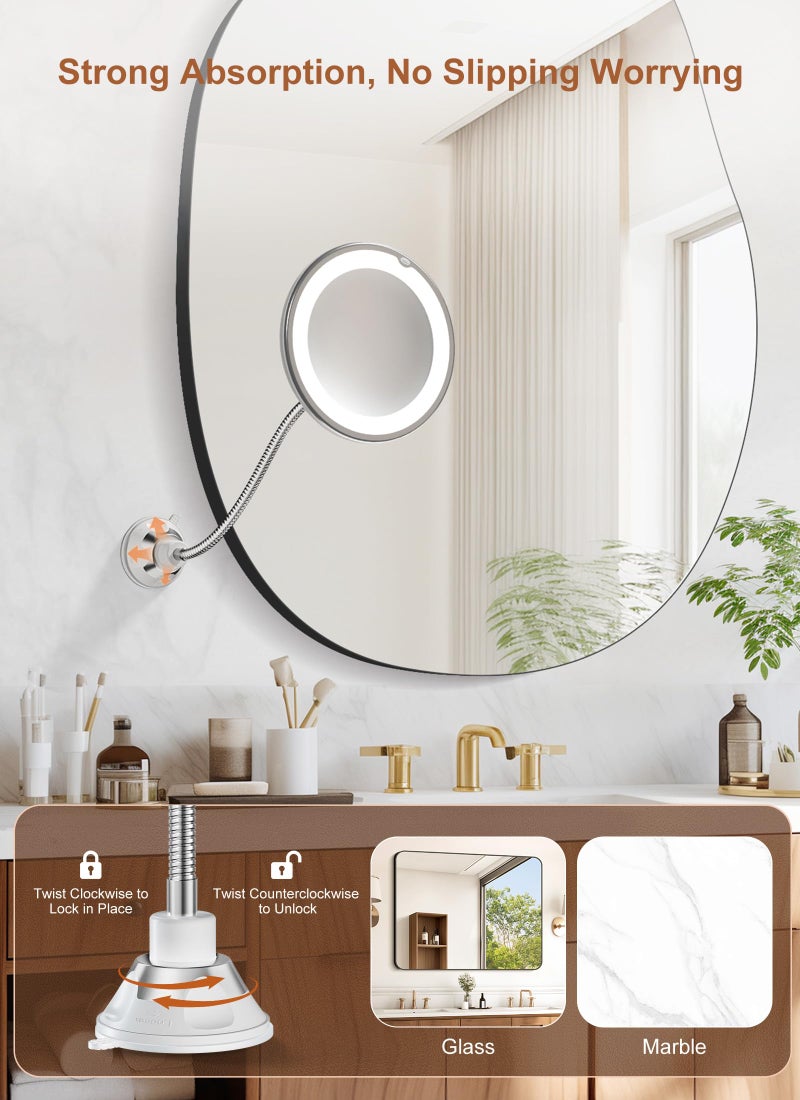 Brightown 10x Magnifying Mirror with Light, Flexible Gooseneck Make up Mirror with Lights and Magnification, Battery Operated Cordless with Suction Cups for Wall Bathroom - Image 3