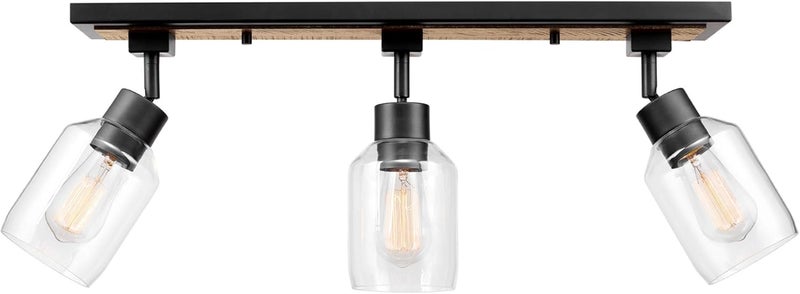 Globe Electric 59798 3-Light Track Lighting, Wood Toned and Matte Black Finish, 25 inch, Clear Glass Shades, Adjustable Heads, E26 Base, Dimmable, Rustic Modern Style - Image 1