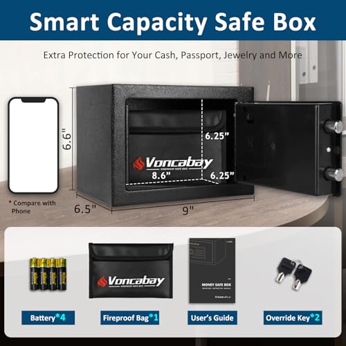 Voncabay Money Safe Box for Home with Sensor Light & Fireproof Money Bag - 0.23 Cubic Feet Security Safe Box with Digital Keypad, Keys & Pass Code Lock, 9.05" W x 6.69" D x 6.69" H, Black - Image 2