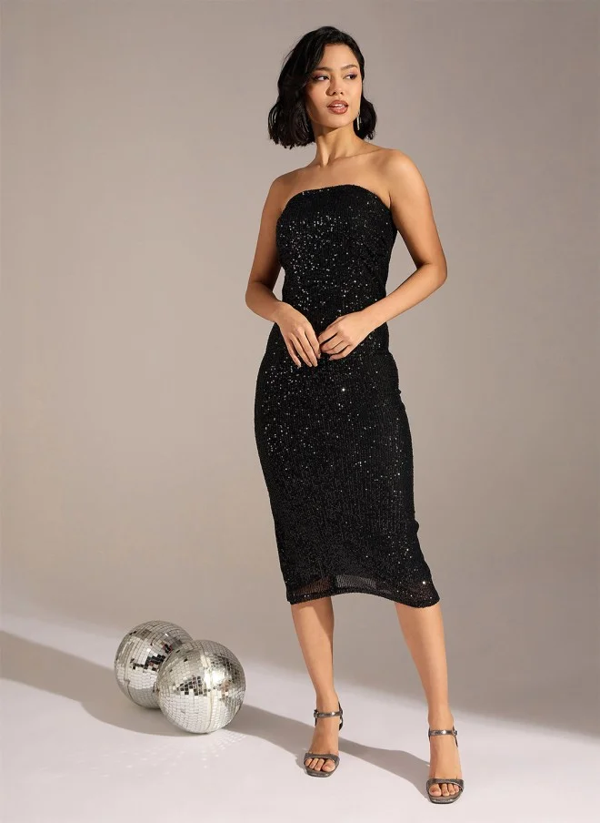 SASSAFRAS Black Sequin Strapless Midi Dress for Women