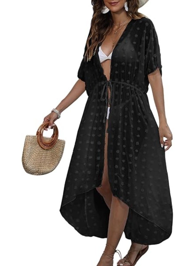 HOOTO Long Swimsuit Cover Ups for Women Dots Chiffon Loose Open Front Casual Bathing Suit Bikini Coverups Summer Beach Dress One Size - Image 1