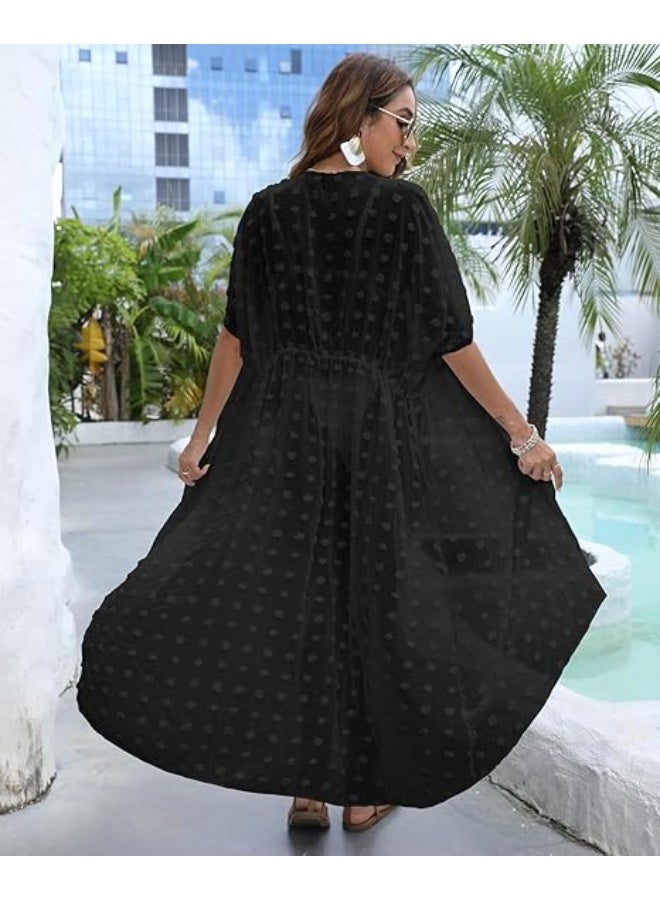 HOOTO Long Swimsuit Cover Ups for Women Dots Chiffon Loose Open Front Casual Bathing Suit Bikini Coverups Summer Beach Dress One Size - Image 5