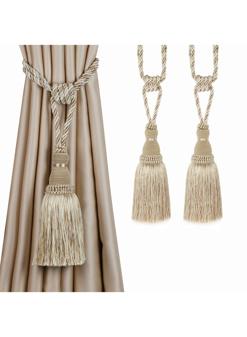 KASTWAVE 1 زوج من أربطة الستائر، أربطة ستائر أنيقة مصنوعة يدوياً، مسكات قماشية لتثبيت الستائر، زخرفة نافذة للمكتب المنزلي، كرات جميلة لتثبيت الستائر، بيج - Image 1