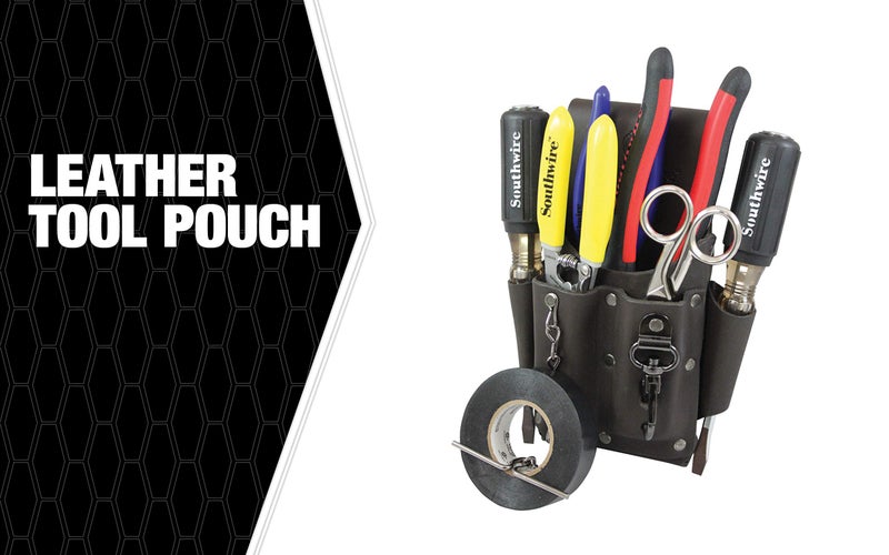 Southwire POUCH4 Leather Tool Pouch; 5 Pocket Pouch with Electrical Tape Chain; Fade Resistant; Durable Compartments; Washer Rivets; Includes Metal Tool Clip; Dark Brown - Image 2