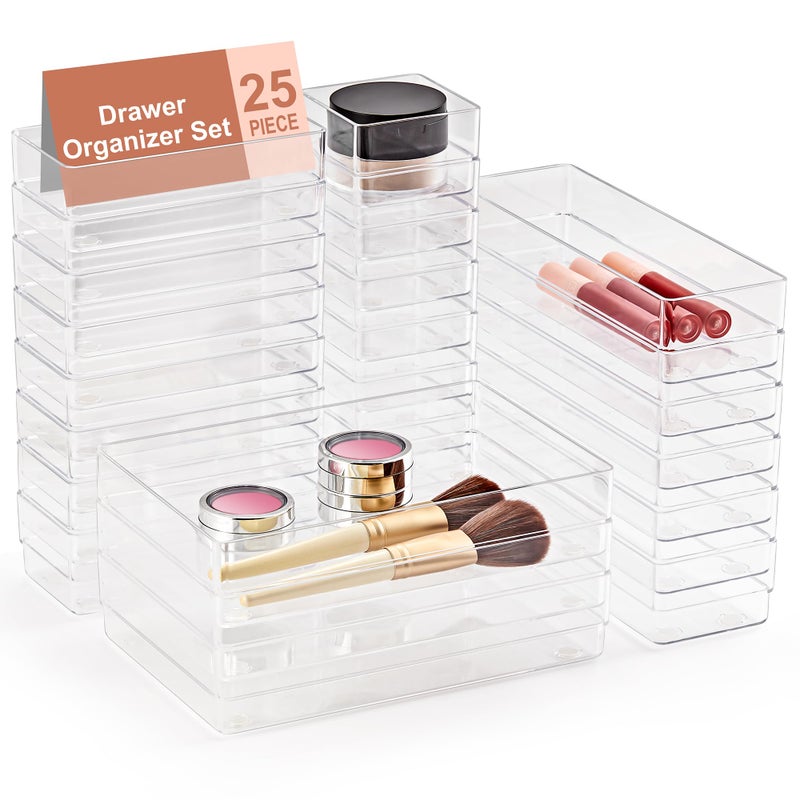 SMARTAKE 25Piece Drawer Organizer with NonSlip Silicone Pads 4Size Desk Drawer Organizer Trays Storage Tray for Makeup Jewelries Utensils in Bedroom Dresser Office and Kitchen Clear