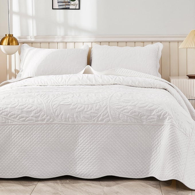 3PIECE 100 COTTON OVERSIZED BEDSPREAD LIGHTWEIGHT QUILT COVERLET EMBROIDERY FARMHOUSE BEDDING SET T0 BRIGHT WHITE QUEEN 100X106