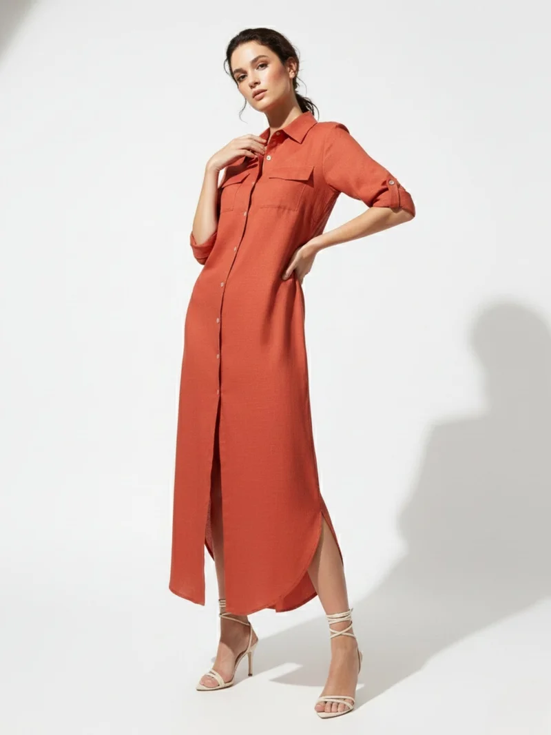 Outzidr  Orange Long Shirt Dress for Women | Best Price UAE