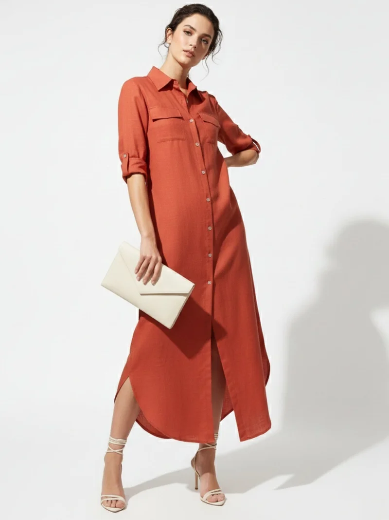 أوجيدر فستان قميص طويل برتقالي