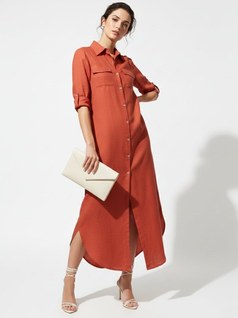 OUTZIDR Orange Long Shirt Dress - Image 2
