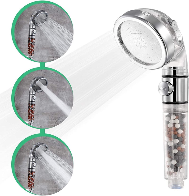 StoneStream Original StoneStream EcoPower High Pressure Handheld Shower Head with ON OFF switch- 3 Spray Settings with Hose, Wall Adapter and Replacement Beads - Image 4