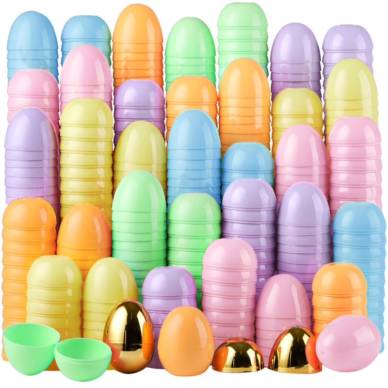 JOYIN 100PCS 3.15" Pastel Easter Eggs + 2 Golden Eggs, Empty Easter Eggs Fillable, Colorful Plastic Eggs Bulks for Easter Hunt, Party Favor, Basket Stuffers Filler, Classroom Prize Supplies - Image 1