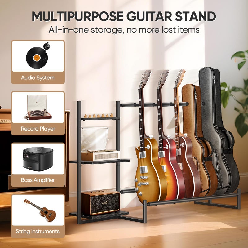 Shinoske Multi-Guitar Rack, Guitar Stand, Guitar Holder for 5 String Instruments,Suitable for Bass, Banjo,Acoustic Guitar Display Stand with 3-tier Side Shelves for Amp & Record Player,Studio Home - Image 5