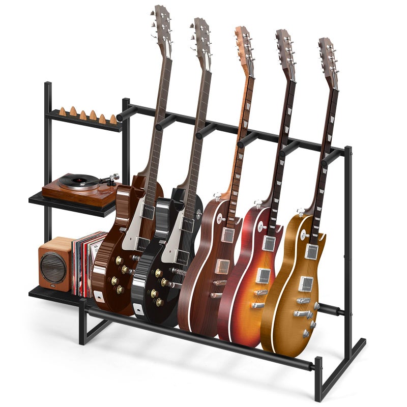 Shinoske Multi-Guitar Rack, Guitar Stand, Guitar Holder for 5 String Instruments,Suitable for Bass, Banjo,Acoustic Guitar Display Stand with 3-tier Side Shelves for Amp & Record Player,Studio Home - Image 1