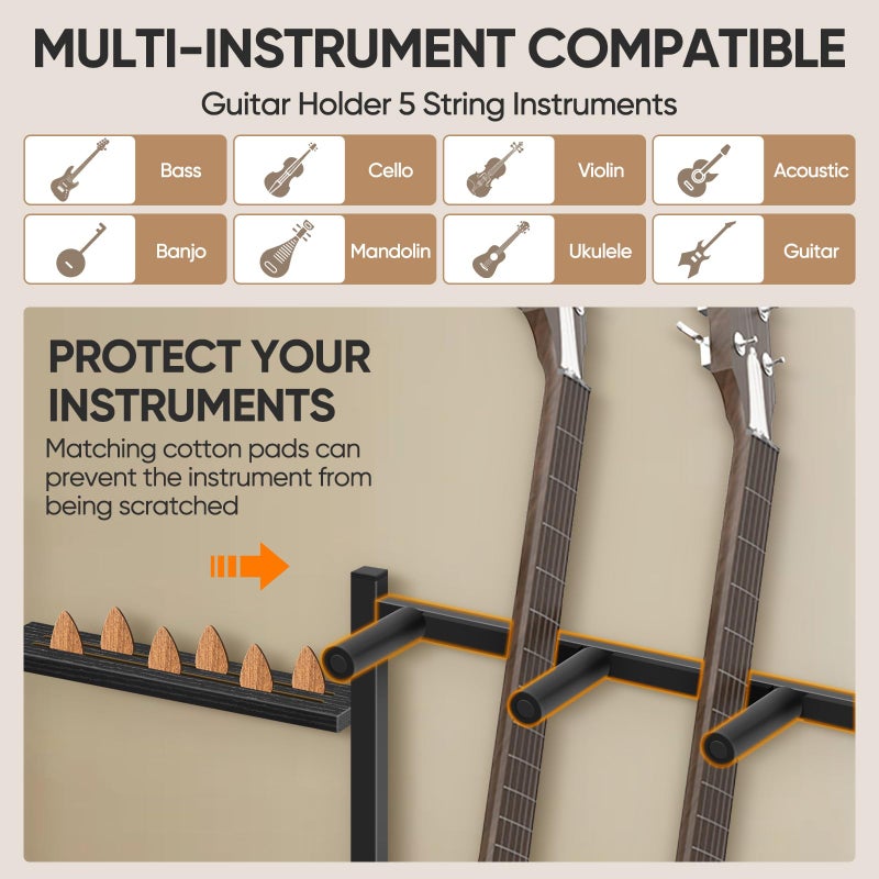 Shinoske Multi-Guitar Rack, Guitar Stand, Guitar Holder for 5 String Instruments,Suitable for Bass, Banjo,Acoustic Guitar Display Stand with 3-tier Side Shelves for Amp & Record Player,Studio Home - Image 3