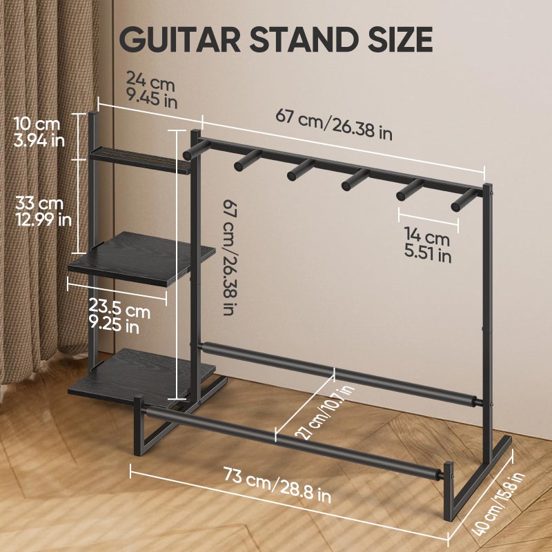 Shinoske Multi-Guitar Rack, Guitar Stand, Guitar Holder for 5 String Instruments,Suitable for Bass, Banjo,Acoustic Guitar Display Stand with 3-tier Side Shelves for Amp & Record Player,Studio Home - Image 2