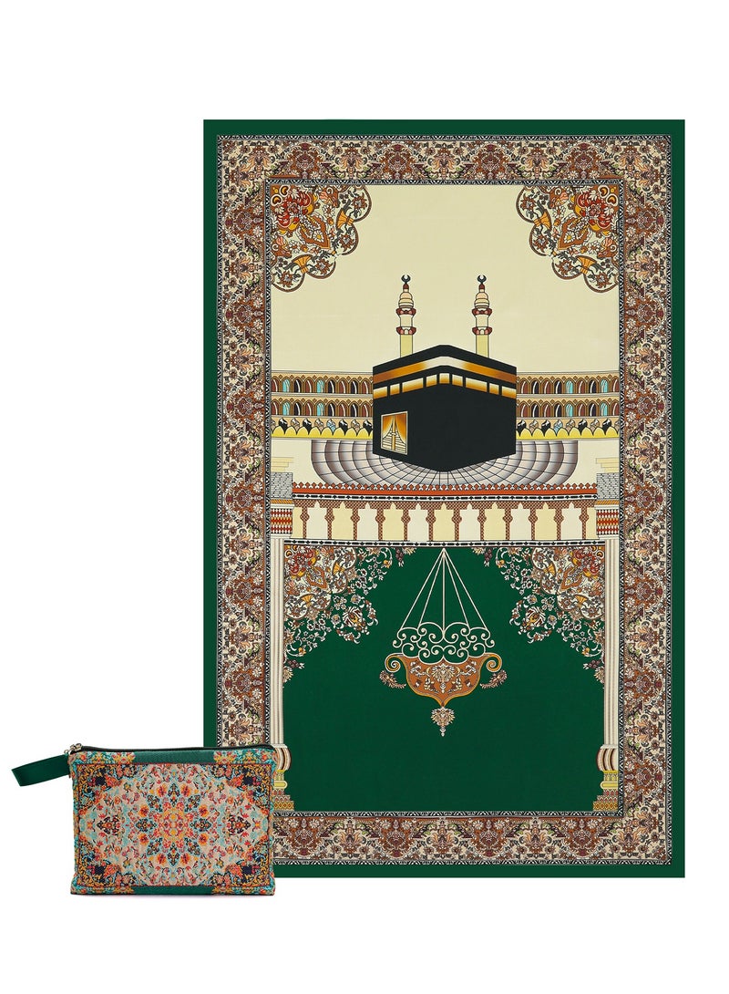 حرير ناعم سجاد الصلاة المسلمة، الصجادة المحمولة والقابلة للطي مع تصميم الكعبة، مثالية للمكتب، استخدام المطار والمسجد، سجادة الصلاة الإسلامية الصديقة للسفر للصلاة، العمرة، هدية الحج والعيد (70x110 سم، الأخضر) - Image 1
