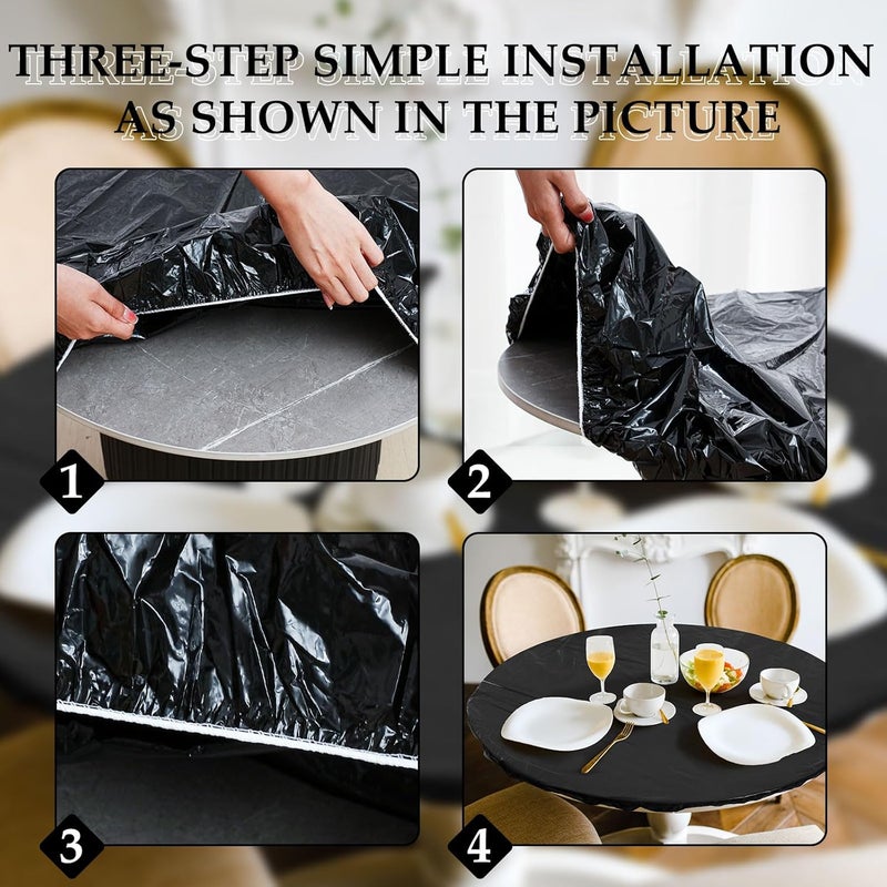 BOAO 6 Pcs 48 Inch Round Waterproof Table Cover Elastic Tablecloth Plastic Table Cloths Disposable Table Cover Elastic Edged Picnic Table Covers with Elastic Fits Tables up to 36"-44" R (Black) - Image 3