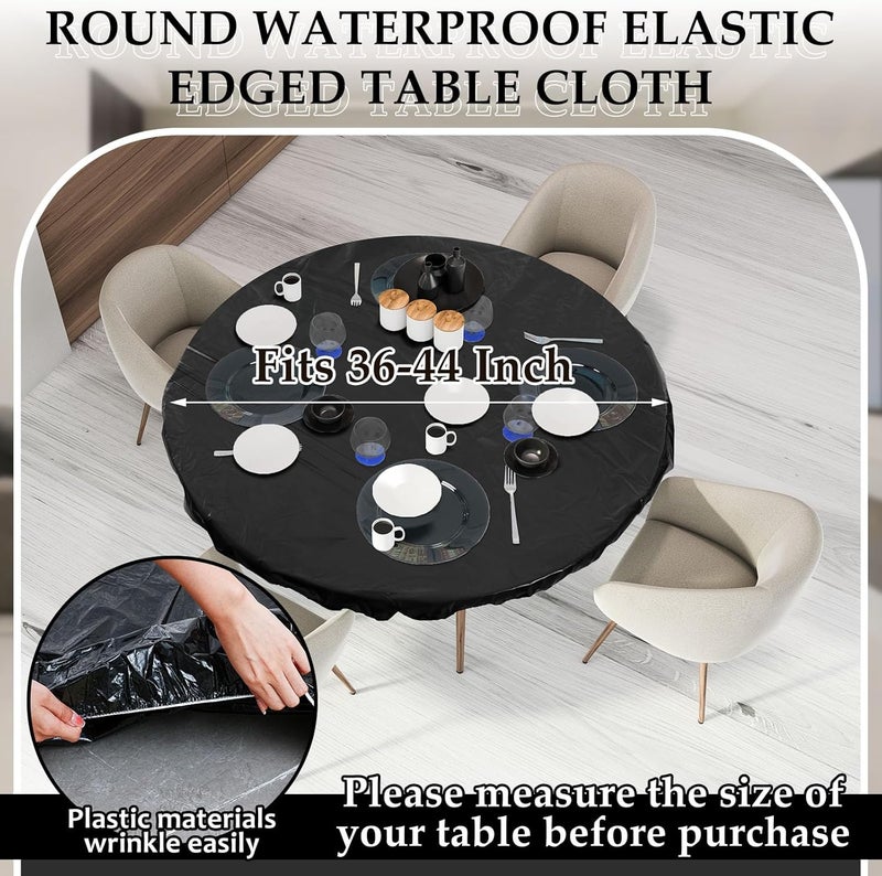 BOAO 6 Pcs 48 Inch Round Waterproof Table Cover Elastic Tablecloth Plastic Table Cloths Disposable Table Cover Elastic Edged Picnic Table Covers with Elastic Fits Tables up to 36"-44" R (Black) - Image 2