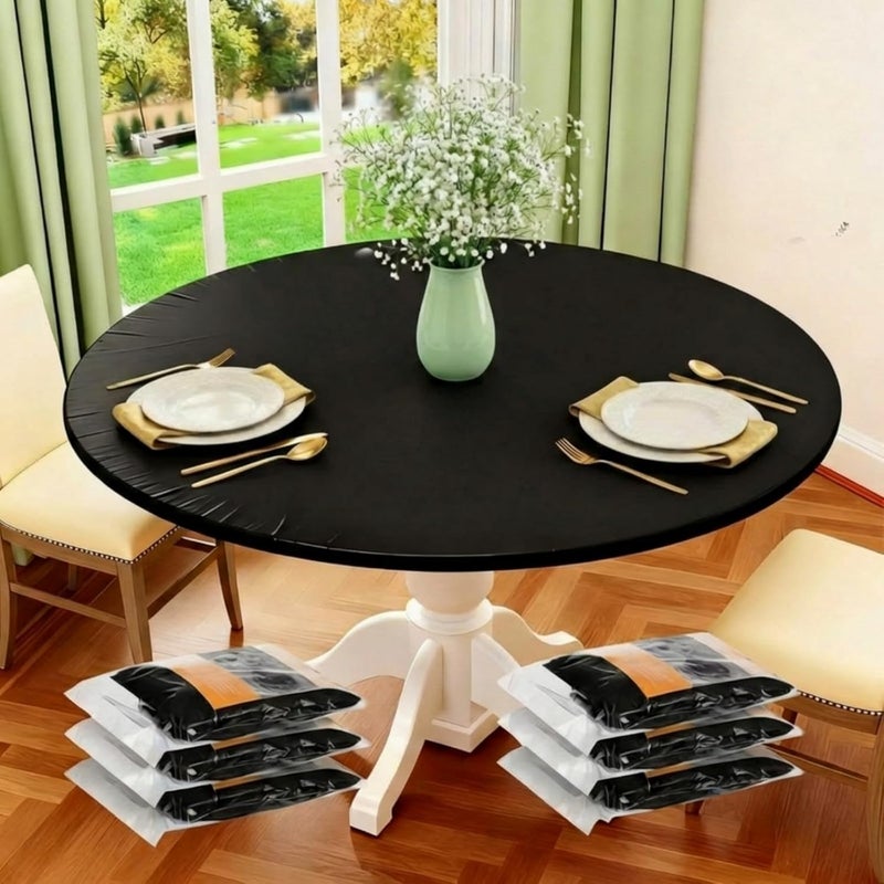 BOAO 6 Pcs 48 Inch Round Waterproof Table Cover Elastic Tablecloth Plastic Table Cloths Disposable Table Cover Elastic Edged Picnic Table Covers with Elastic Fits Tables up to 36"-44" R (Black) - Image 1
