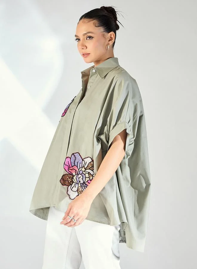 Uptownie Grey Floral Sequined Oversized Shirt