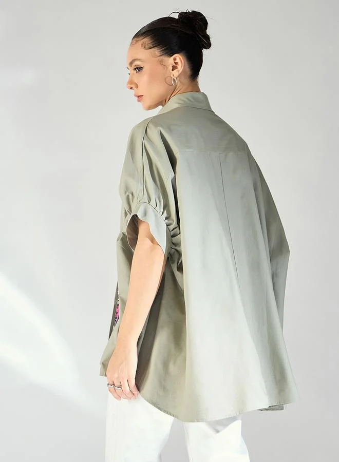 Uptownie Grey Floral Sequined Oversized Shirt