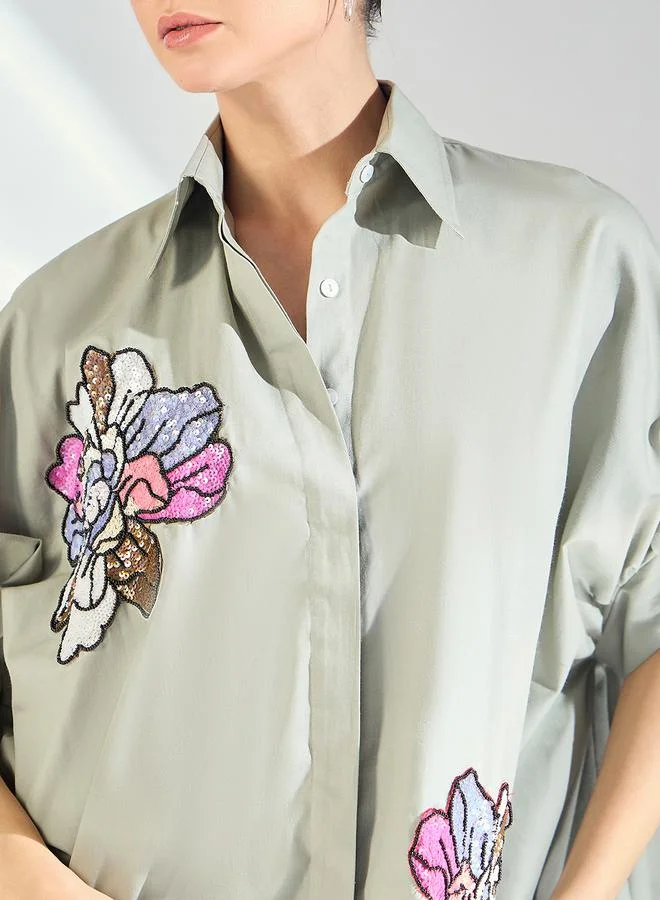 Uptownie Grey Floral Sequined Oversized Shirt