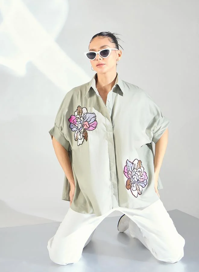 Uptownie Grey Floral Sequined Oversized Shirt