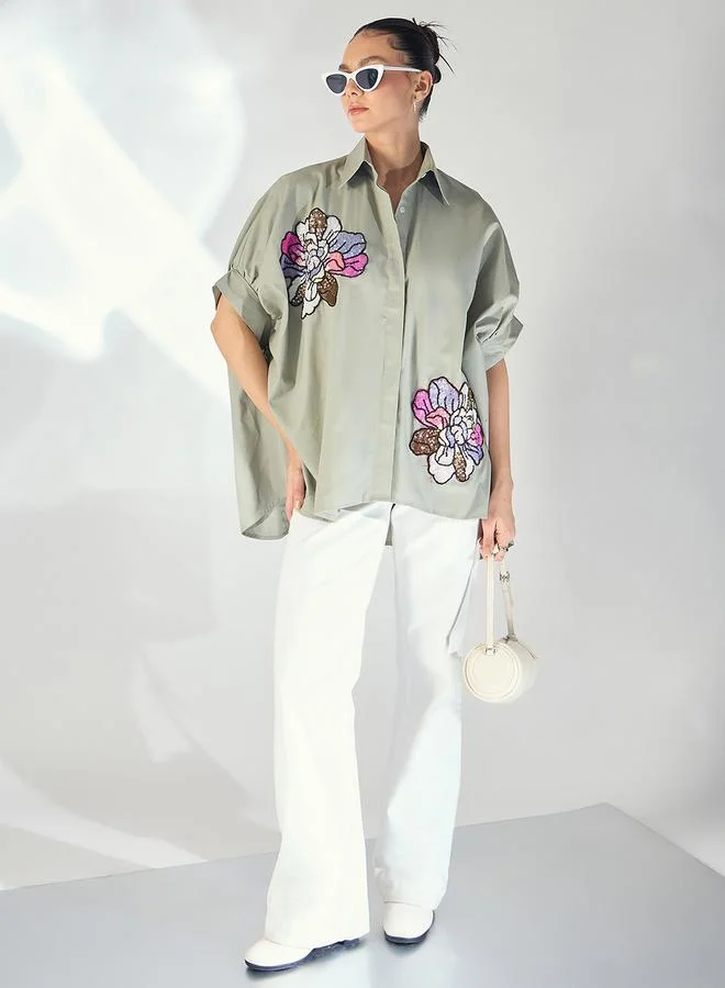 Uptownie Grey Floral Sequined Oversized Shirt