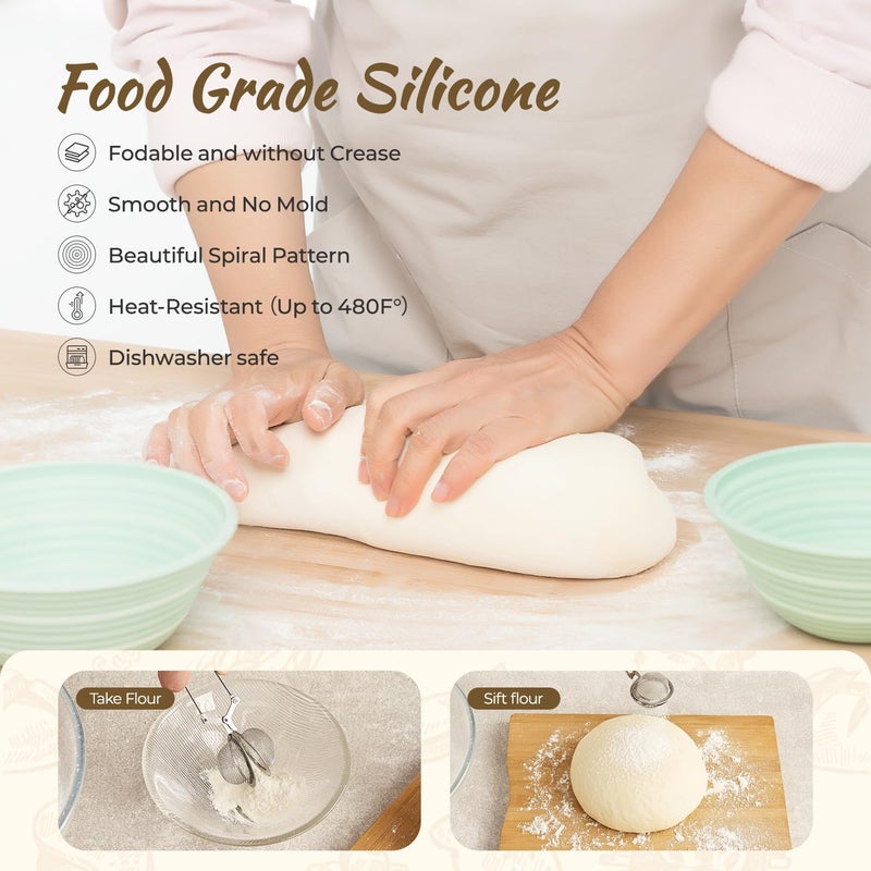 Napute Silicone Sourdough Breads Baking Supplies, Sourdough Starter Kit, Banneton Bread Proofing Basket Set with 9" Round & 10" val, Artisan Bread Baking Tools, Silicone Bread Sling - Image 4