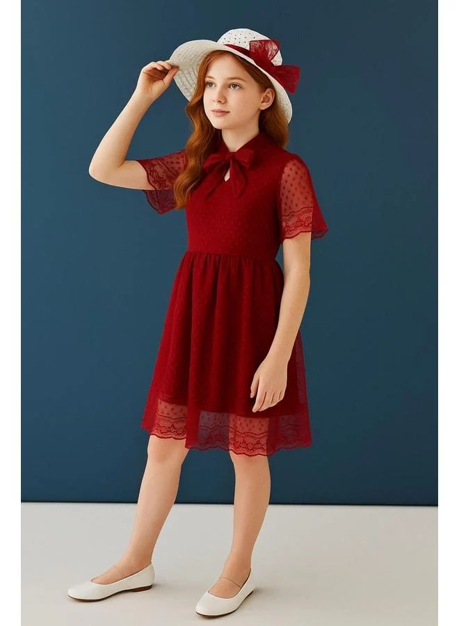 Perendi Red Girls Dress with Hat and Hostess Collar Detail.