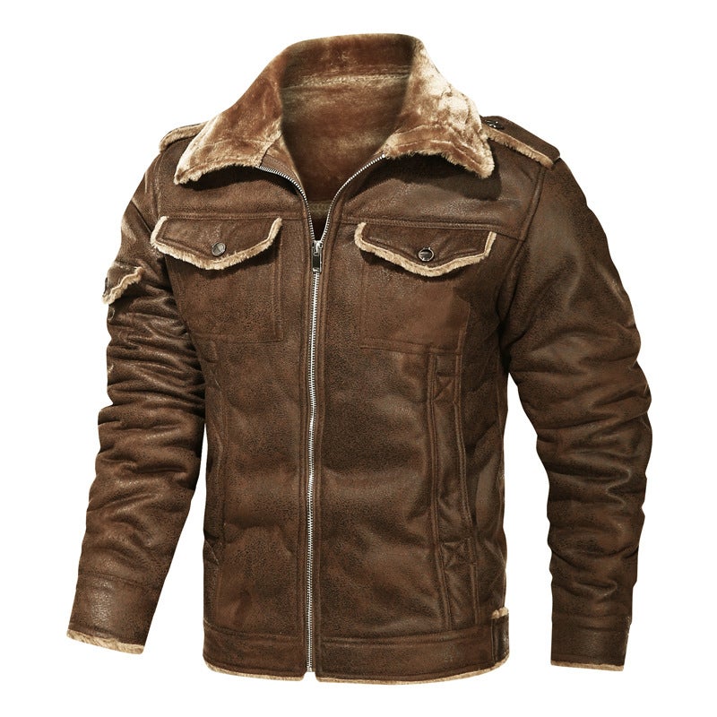 Men'S Fleece-Lined Leather Coat Thickened Cold-Proof Retro Casual Jacket Large Size Leather Coat Jar Coat Lamb Fleece - Image 2