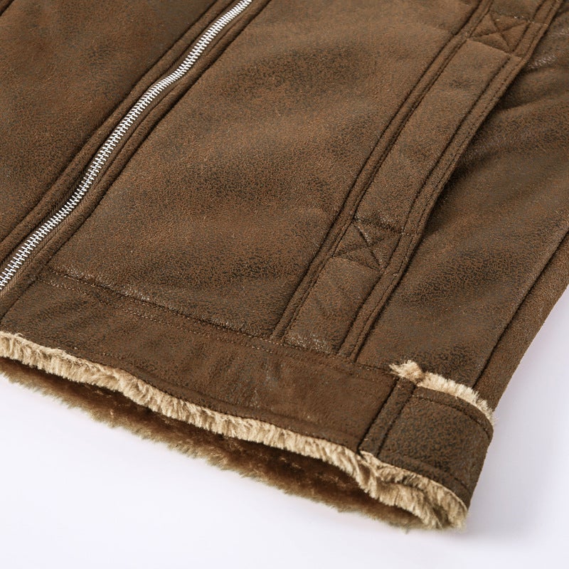 Men'S Fleece-Lined Leather Coat Thickened Cold-Proof Retro Casual Jacket Large Size Leather Coat Jar Coat Lamb Fleece - Image 3
