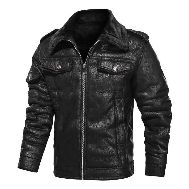 Men'S Fleece-Lined Leather Coat Thickened Cold-Proof Retro Casual Jacket Large Size Leather Coat Jar Coat Lamb Fleece - Image 1