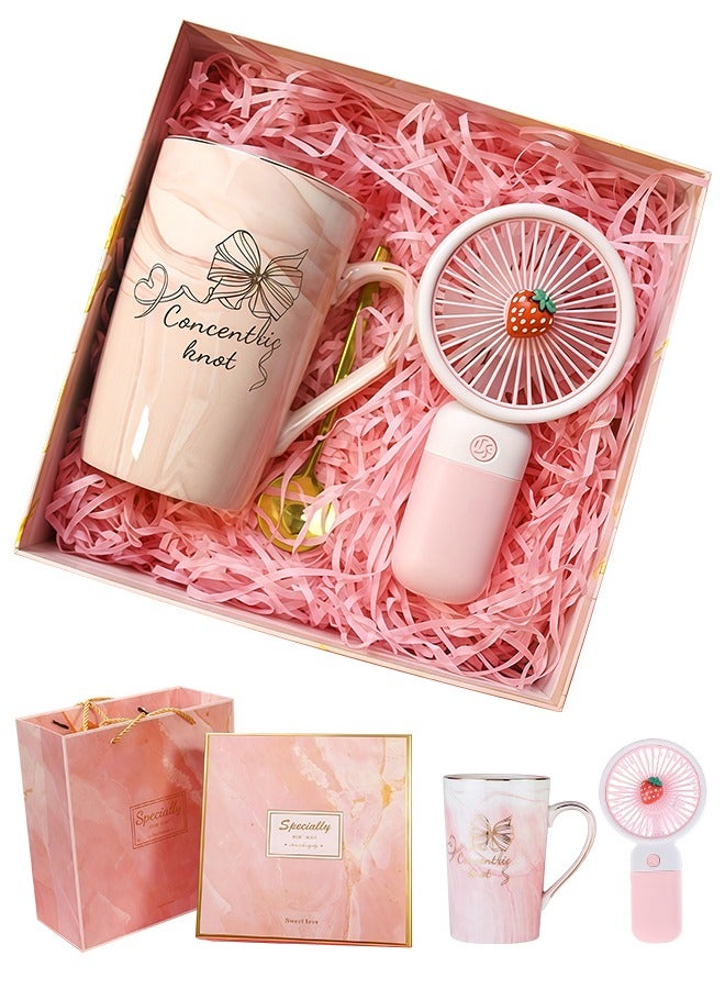 Gift Set for Women Ceramic Mug & Mini Fan Practical Gift Box Pink - Image 1