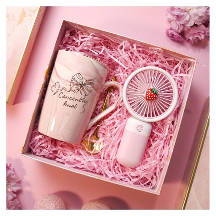Gift Set for Women Ceramic Mug & Mini Fan Practical Gift Box Pink - Image 1