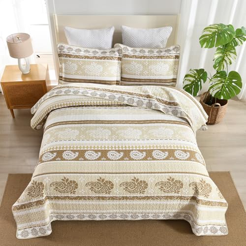 AJOCCI Brown Taupe Quilt, Paisley Comforter Set Queen 100% Cotton Bedding Comforter Sets,Striped Pattern Bed Set, Lightweight Reversible Bedspreads, Machine Washable Coverlet Neutral 3 Pieces - Image 3