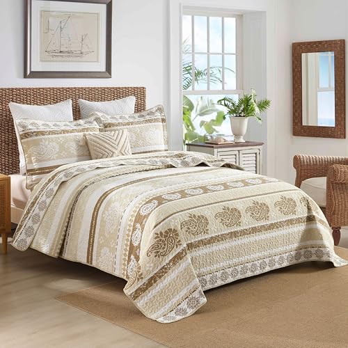 AJOCCI Brown Taupe Quilt, Paisley Comforter Set Queen 100% Cotton Bedding Comforter Sets,Striped Pattern Bed Set, Lightweight Reversible Bedspreads, Machine Washable Coverlet Neutral 3 Pieces - Image 2