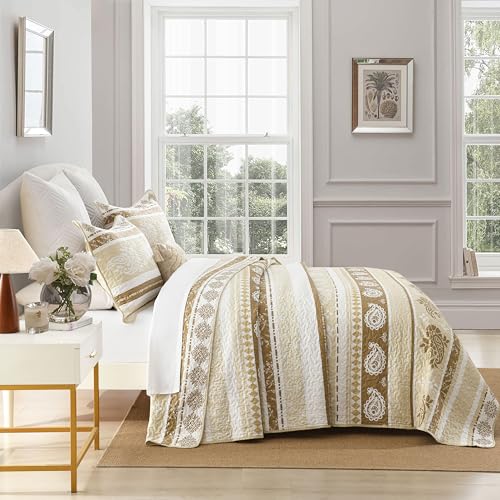 AJOCCI Brown Taupe Quilt, Paisley Comforter Set Queen 100% Cotton Bedding Comforter Sets,Striped Pattern Bed Set, Lightweight Reversible Bedspreads, Machine Washable Coverlet Neutral 3 Pieces - Image 4